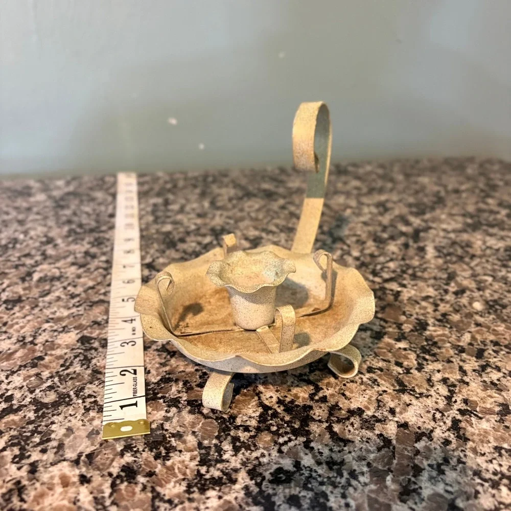 Vintage Metal Chamberstick Candle Holder with Glass Hurricane Chimney Cream